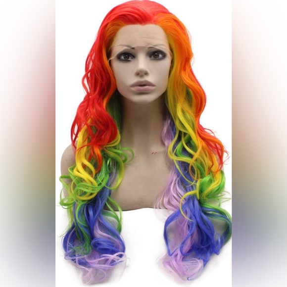 Brand new rainbow synthetic wig. About 13 x 2.5 inch parting space. ~ 24-26 in - Picture 13 of 13